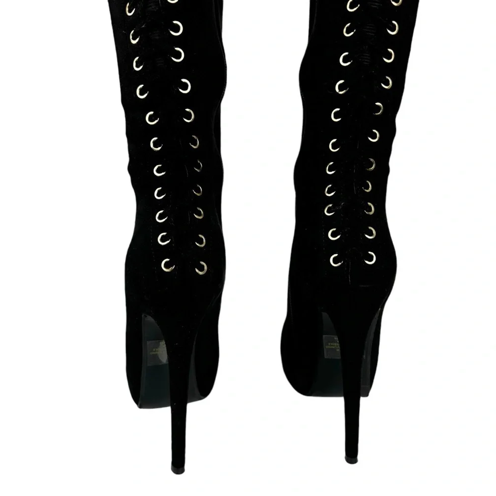 Steve Madden Ladysnte Lace Up Thigh High Boots Platform Black Faux Suede SZ 6.5
